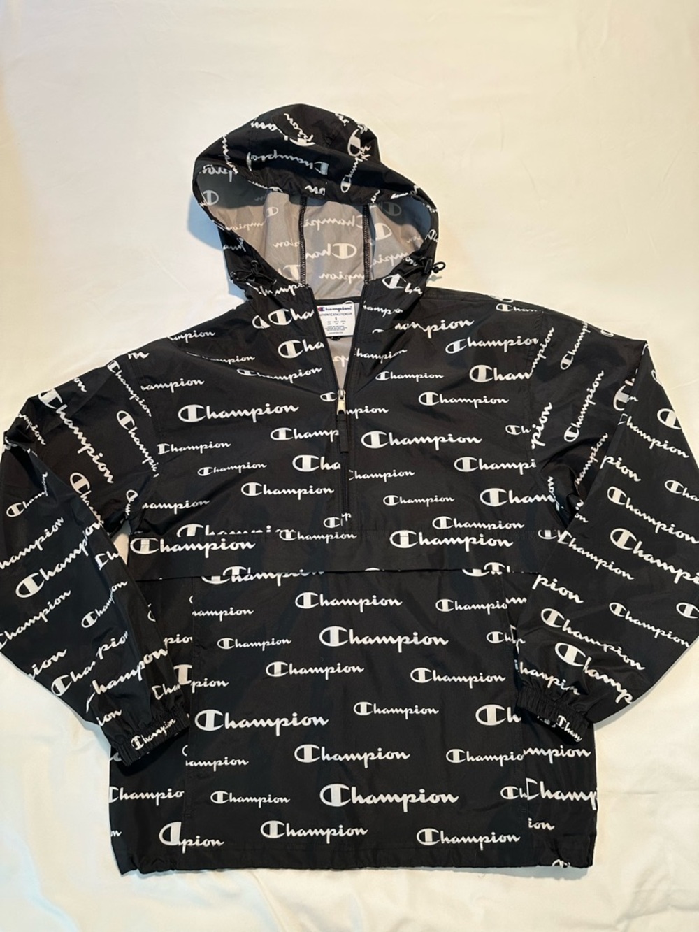 Champion Black Pullover Hooded Jacket with White Logo Print